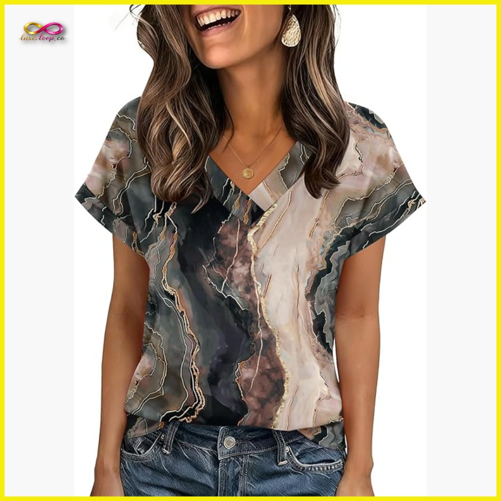 Floral Print V-Neck Short Sleeve Blouse Elegant Casual Work Wear Lightweight